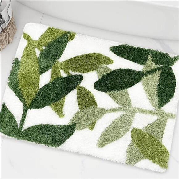Green leaf bathroom rug non slip absorbent soft washable microfiber bath mat 16x - Picture 1 of 7